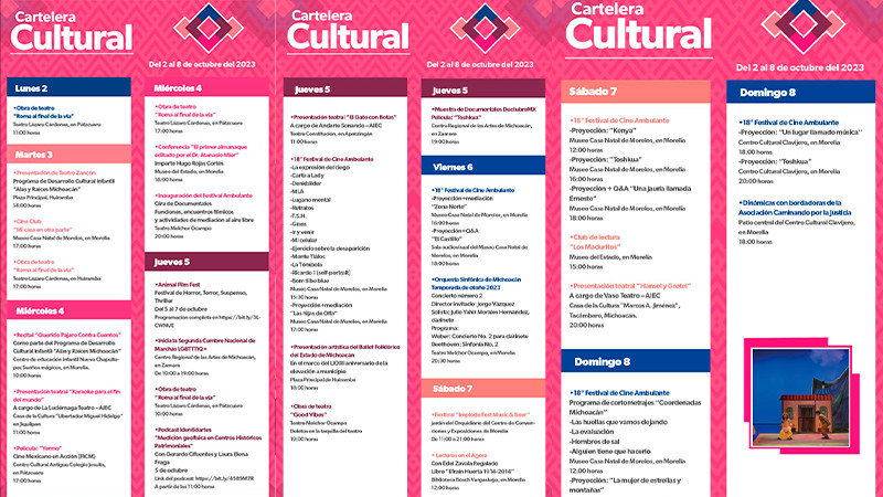 Cartelera Cultural del 2 al 8 de octubre de 2023 en Michoacán  
