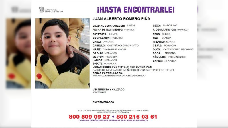 Reportan desaparición de un menor de 6 años en Zinacantepec, Edomex 