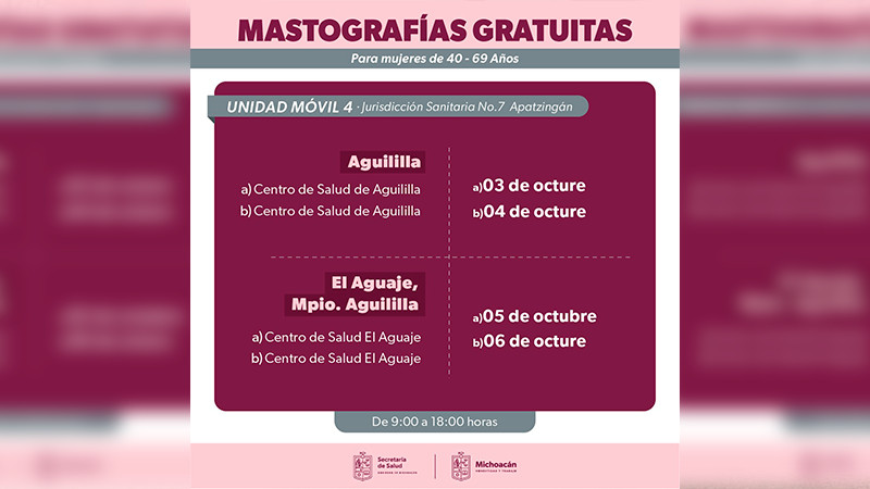 Salud Michoacán realizará mastografías gratuitas en El Aguaje, en Aguililla