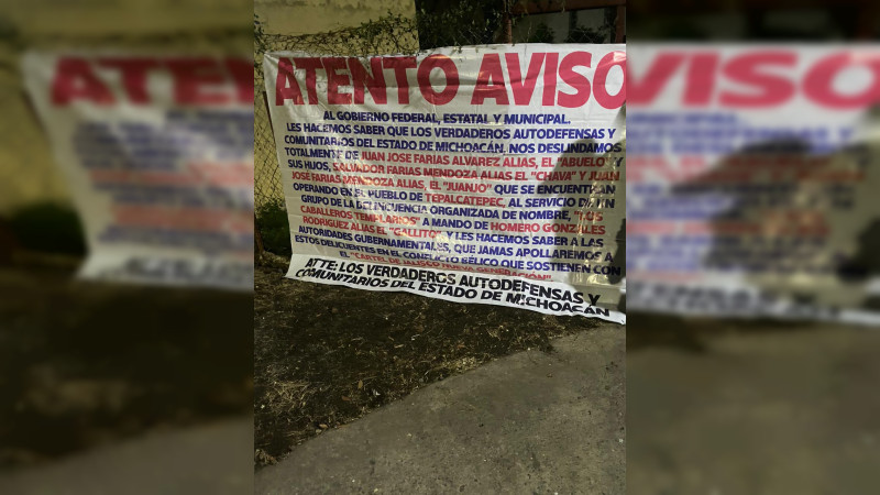 Previo arribo de autoridades de seguridad a Apatzingán, “autodefensas” colocan mantas deslindándose de líderes criminales