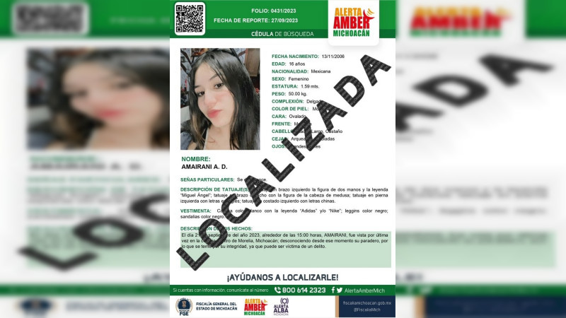Localizan a adolescente de 16 años reportada como desaparecida en Morelia 