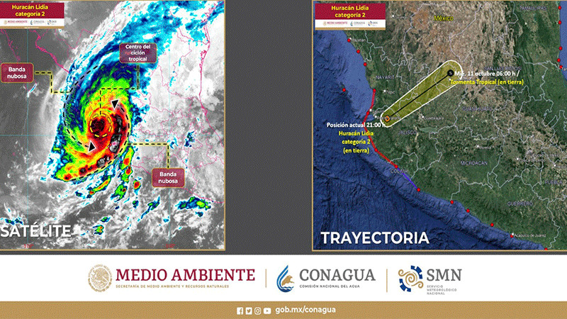 Huracán ‘Lidia’ se debilita a categoría 2; avanzará sobre tierra por el occidente de México durante la noche de hoy 
