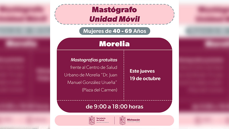 Realizará Salud Michoacán mastografías gratuitas en centro de salud de Morelia 