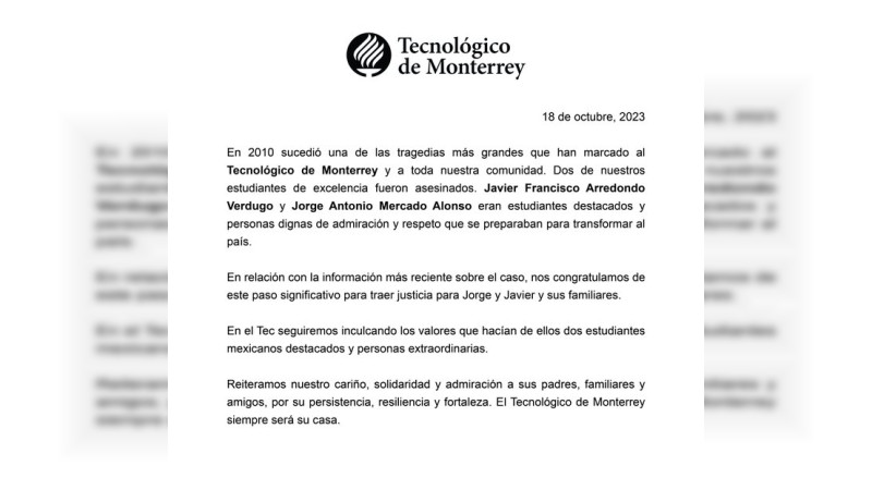 Tec de Monterrey celebra sentencia a militares que mataron a dos estudiantes en 2010