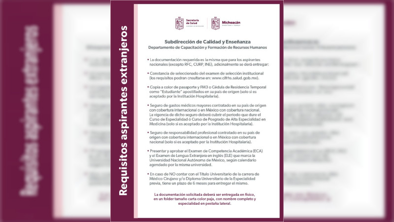 SSM convoca a médicos para residencias en hospitales de Morelia