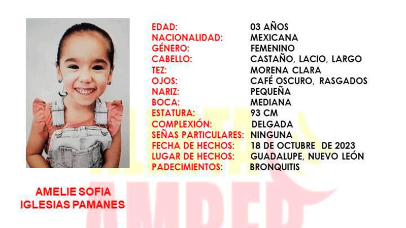 Niña de tres años desaparece en Nuevo León; activan Alerta Amber 