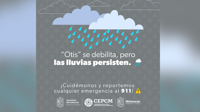Michoacán, sin afectaciones por Otis; se registran lluvias ligeras: PC