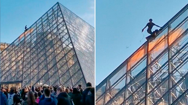 Ambientalistas pintan de naranja la Pirámide del Louvre 
