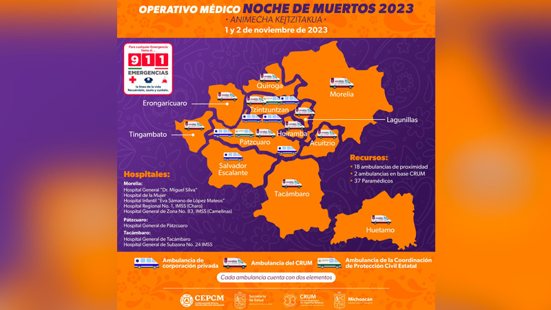 Despliega SSM 21 ambulancias por Noche de Muertos 