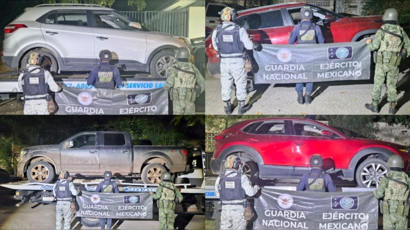 Aseguran convoy de camionetas baleadas, en La Huacana, Michoacán 