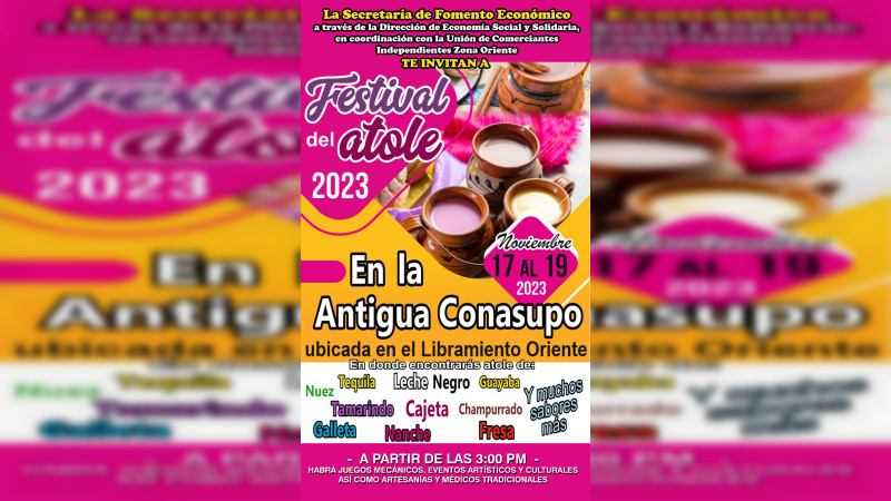 En puerta Festival del Atole 2023 en la antigua Conasupo en Uruapan