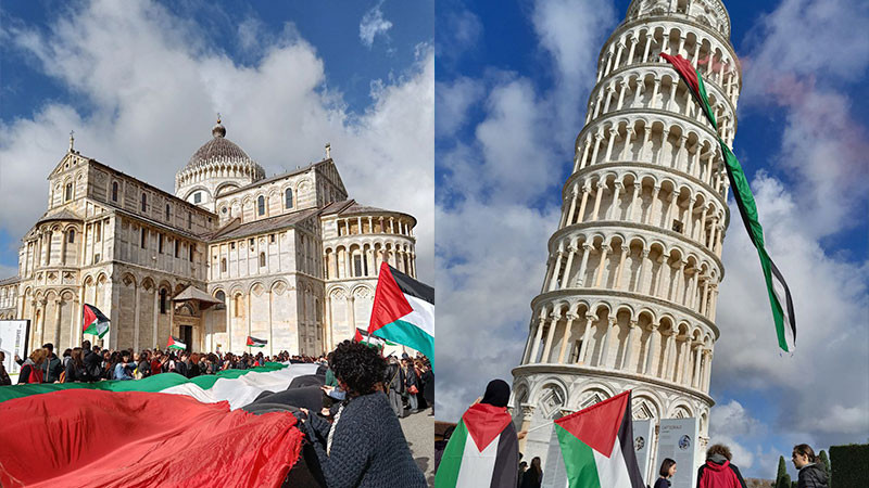 Manifestantes cuelgan la bandera de Palestina en la Torre de Pisa 
