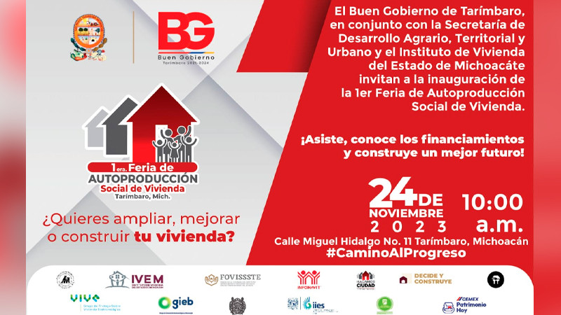 Invita Buen Gobierno de Tarímbaro a la Primera Feria de Autoproducción de Vivienda en Tarímbaro 