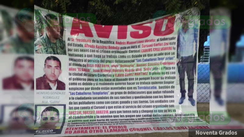 Colocan mantas contra Coronel en Apatzingán, Michoacán, por nexos con el crimen: “Estamos listos para levantarnos en armas”, advierten