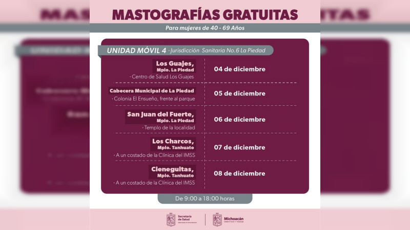 Anuncia Secretaría de Salud de Michoacán mastografías gratuitas en 7 municipios