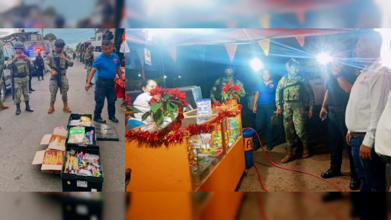 Tras explosión que mató dos mujeres y dejó niño herido, soldados y PC inspeccionan venta de pirotecnia en LC, Michoacán 