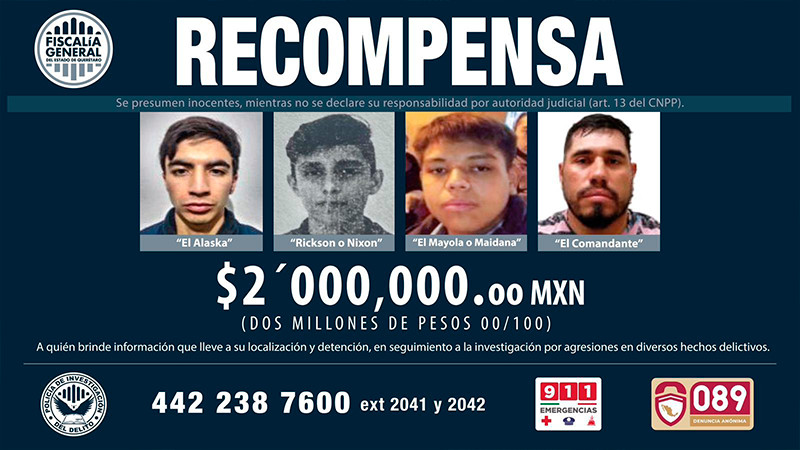 FGE Querétaro ofrece 2mdp por captura de 4 homicidas  