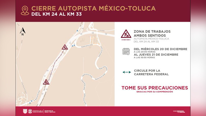 Anuncian cierre de autopista México-Toluca por obras de "El insurgente" 