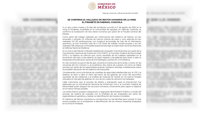 Fiscalía de Coahuila confirma hallazgo de los cuerpos de dos mineros de El Pinabete en Coahuila