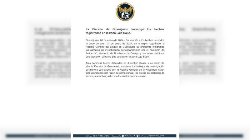 FGE de Guanajuato investiga los hechos registrados en la zona Laja-Bajío y homicidio de Bombero