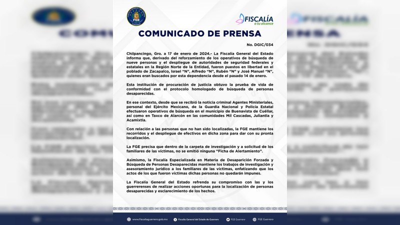 Liberan a 4 de 9 secuestrados en Tepetapla, confirma Fiscalía de Guerrero