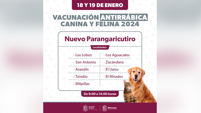 Anuncia SSM campaña de vacunación antirrábica en localidades de Nuevo Parangaricutiro 