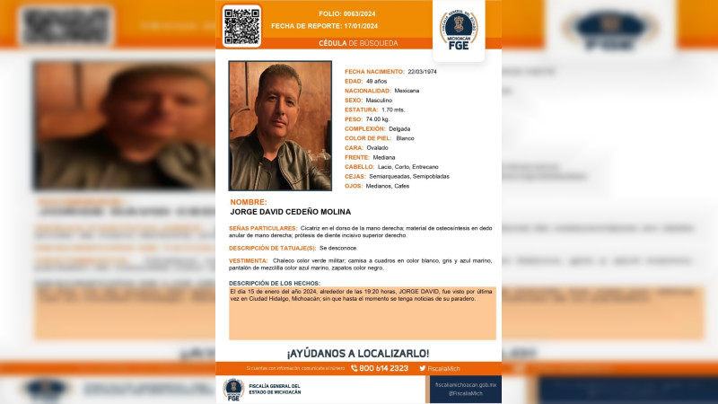 Localizan sin vida a David reportado como desaparecido en Ciudad Hidalgo, Michoacán 
