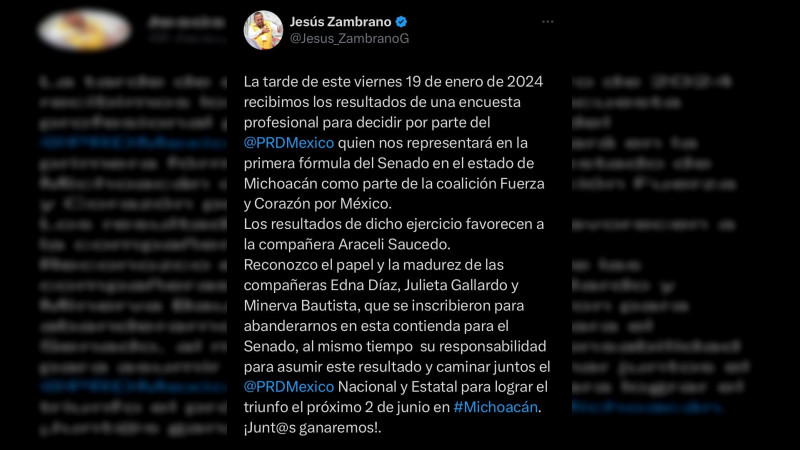Araceli Saucedo es la candidata del Sol Azteca al Senado: Jesús Zambrano