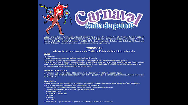 Publica ayuntamiento moreliano convocatoria del Carnaval de Toritos de petate  