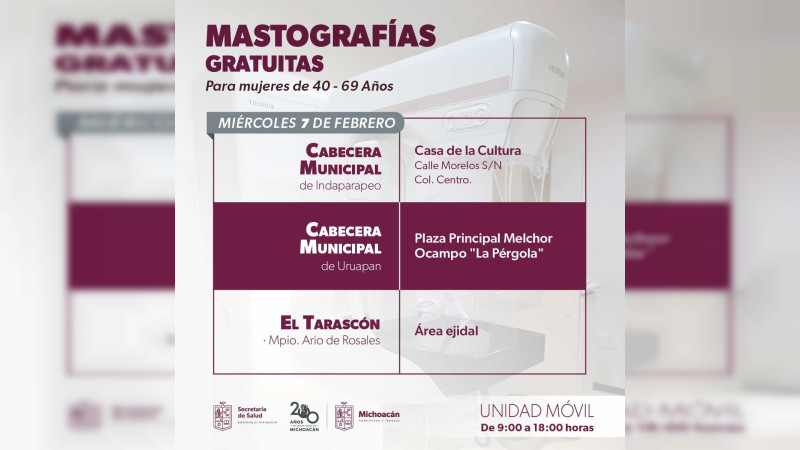 Del 5 al 8 de febrero llevará la Secretaria de Salud de Michoacán mastografías gratuitas a 8 municipios 