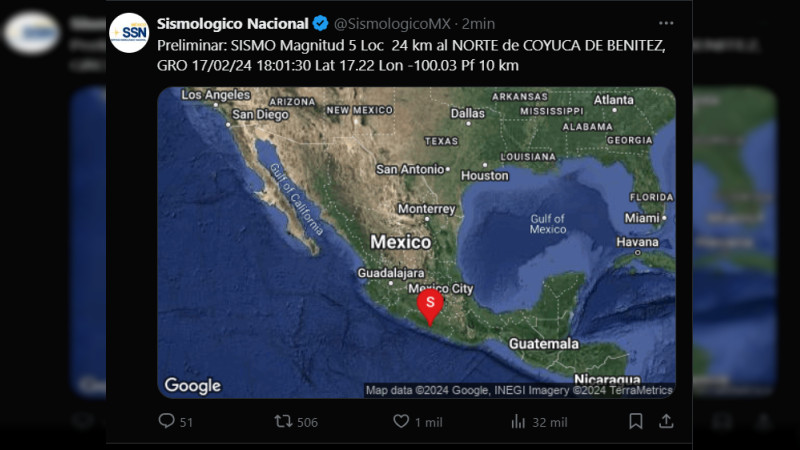 Sismo de magnitud 5.0 sacude la región de Coyuca de Benítez, Guerrero 