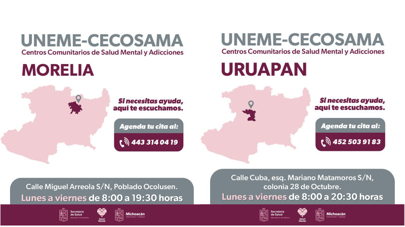 Brindadas más de mil 300 consultas en Centros de Salud Mental y Adicciones: Sector Salud de Michoacán 