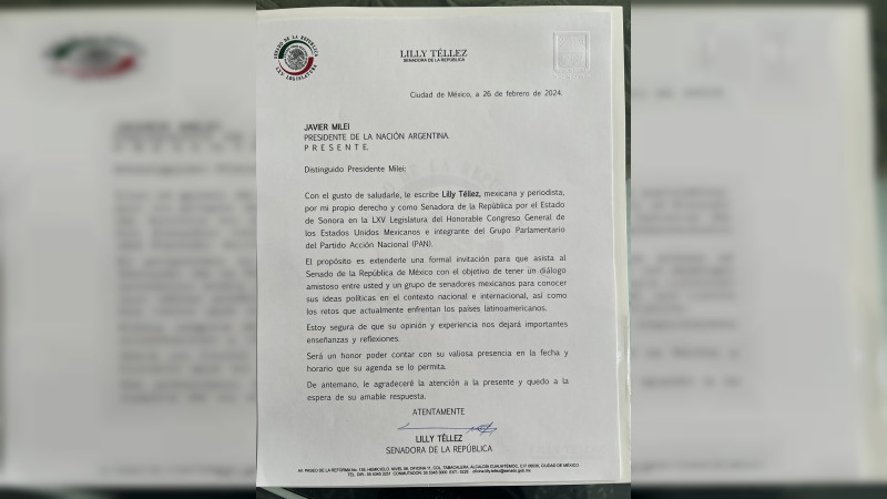Lilly Téllez envía carta a Javier Milei para invitarlo al Senado 
