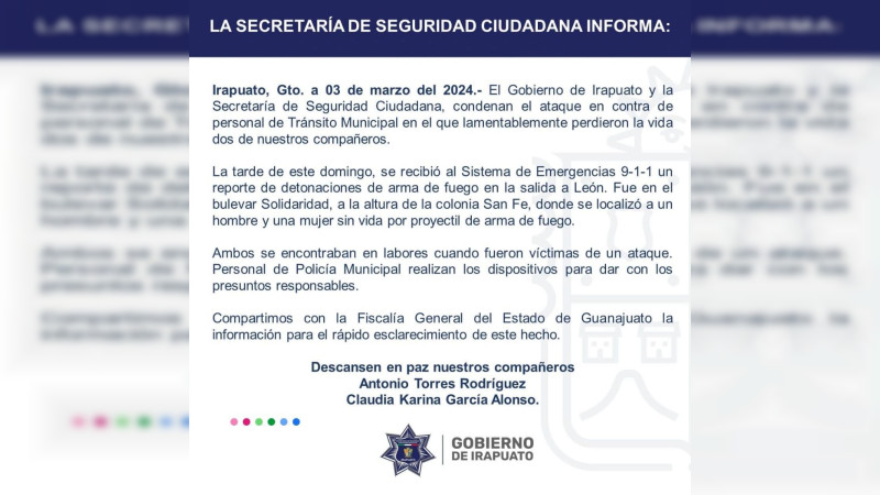 Condenan hechos donde fallecieron 2 agentes de Tránsito Municipal en Irapuato, Guanajuato 