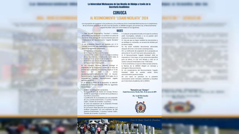 Por primera vez, la UMSNH entregará el Reconocimiento “Legado Nicolaita”  