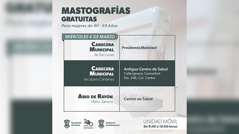 SSM realizará mastografías en 4 municipios de Michoacán
