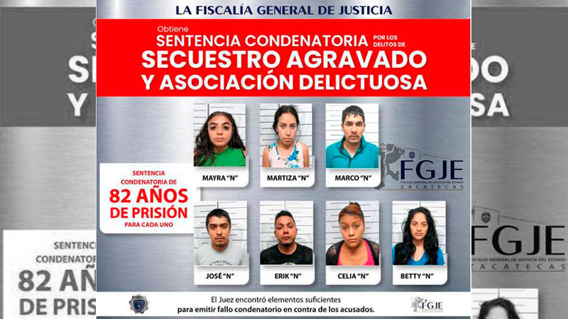 Dan 82 años de prisión a siete secuestradores, en Zacatecas 