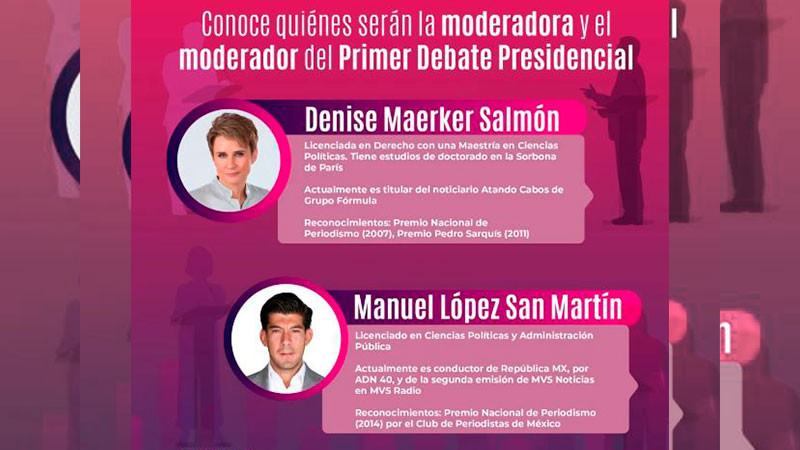 Primer debate presidencial será moderado por Manuel López San Martín y Denise Maerker Salmón  