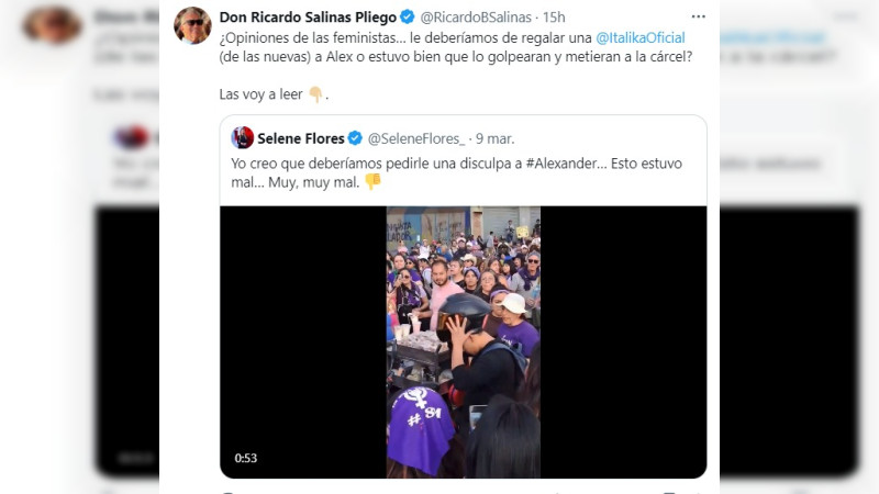 Ofrece Ricardo Salinas moto nueva a hombre que agredió a mujeres en marcha del 8M en CDMX 