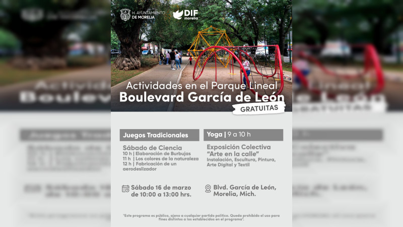 DIF Morelia invita a actividades culturales, educativas y recreativas en el Parque Lineal del Boulevard 