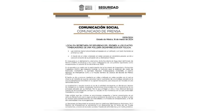 Localizan con vida a los cuatro trabajadores de pollería secuestrados en Toluca