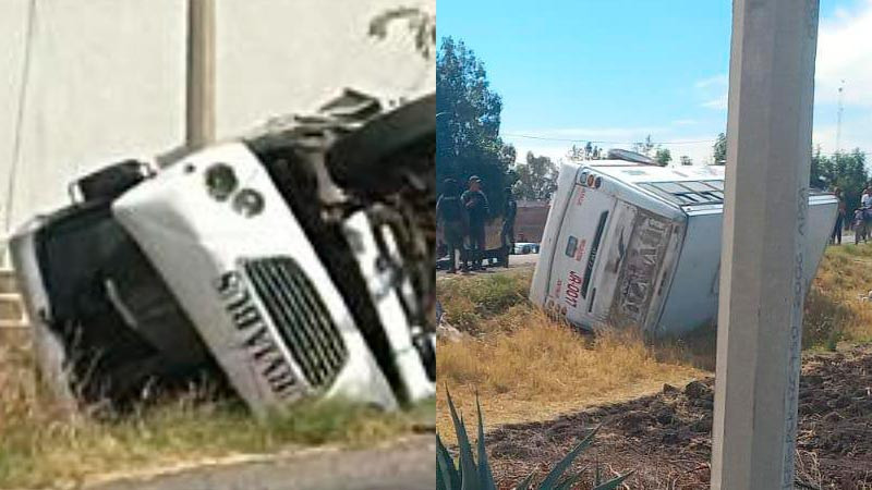 Vuelca camión de transporte público, deja 8 lesionados en Juventino Rosas, Guanajuato 