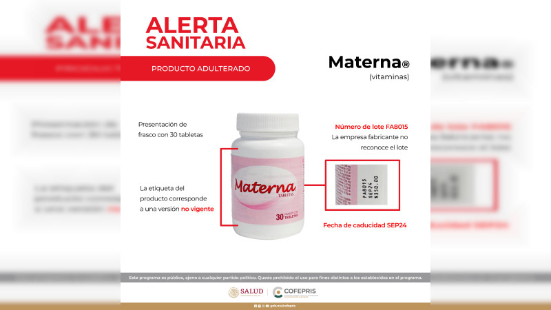 Cofepris alerta sobre adulteración de “Materna vitaminas” 