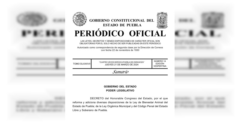 Publican en Diario Oficial de Puebla la Ley de Bienestar Animal contra la zoofilia; piden que se nombre “Ley Elena”