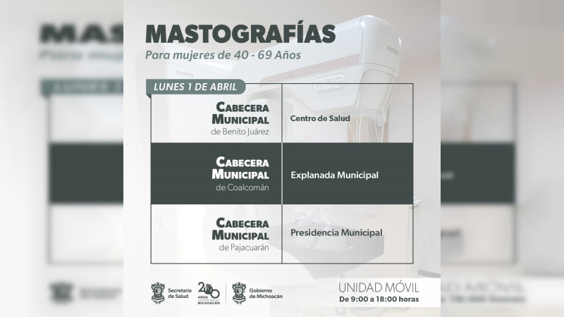 Harán mastografías gratuitas en seis municipios del estado de Michoacán  