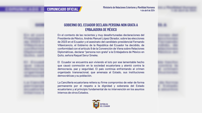 Ecuador declara persona "non grata" Raquel Serur, embajadora de México en Quito