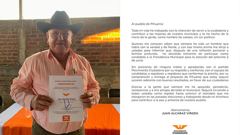 Se baja de la contienda el candidato de MC a alcaldía de Pihuamo, Jalisco 