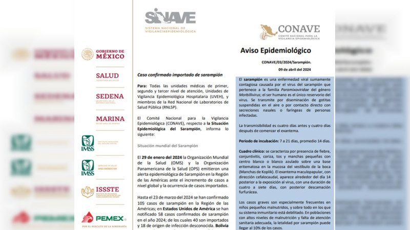 Emiten alerta epidemiológica casos importados de sarampión en México