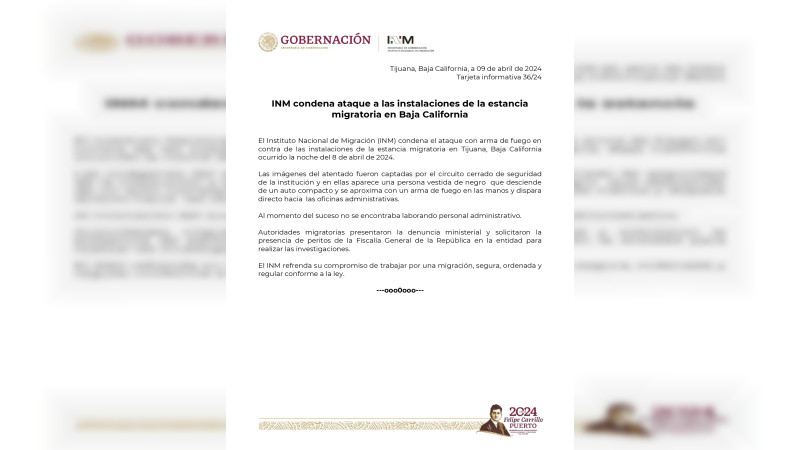 Atacan a tiros instalaciones de estancia migratoria del INM en Tijuana