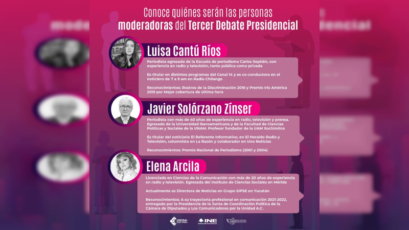 INE aprueba a Luisa Cantú, Javier Solórzano y Elena Arcilla como moderadores de tercer debate presidencial
